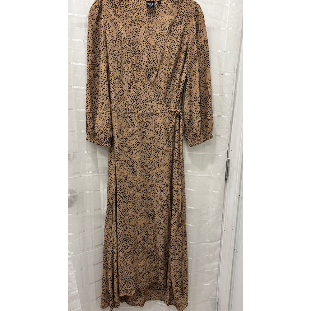 Gap Women Tan Black Dalmatian Print Rayon Wrap Midi Dress Long Sleeve Size‎ 4